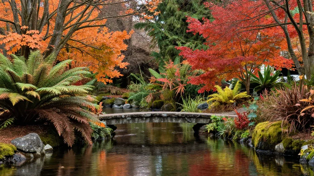 Stone bridge over a stream at VanDusen Botanical Garden framed by autumn foliage