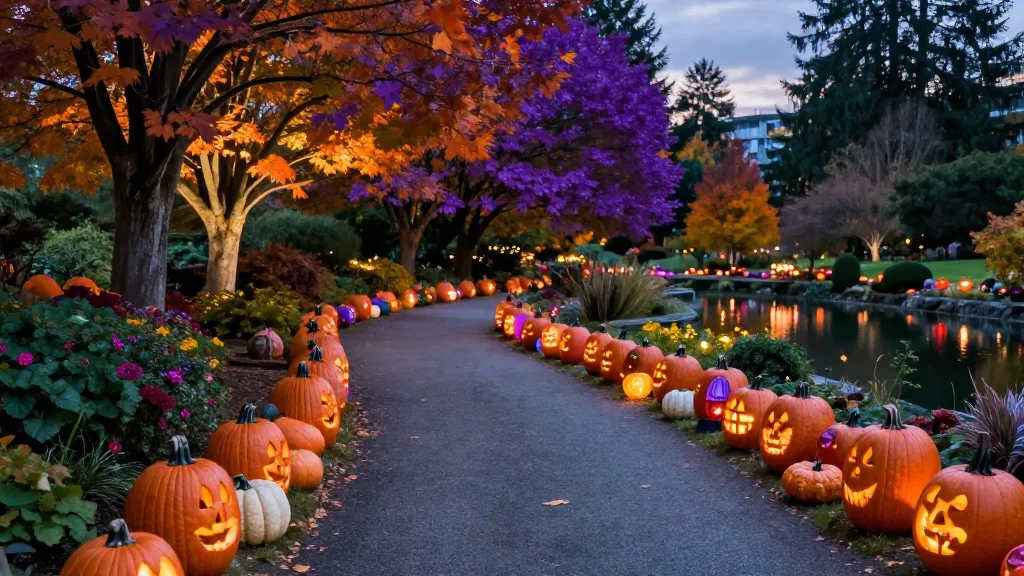 Garden pathway at night lined with glowing carved pumpkins and lanterns