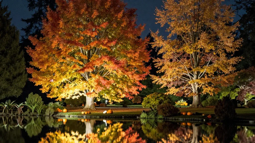 Illuminated autumn trees reflected in a garden lake after dark