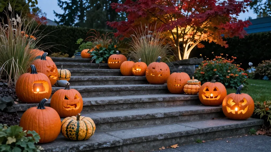 Pumpkin display arranged on garden steps with soft candle light