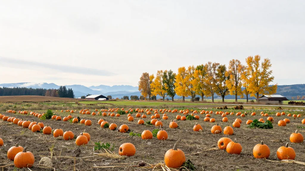 Pumpkin field on Westham Island with flat Delta farmland and a wide sky
