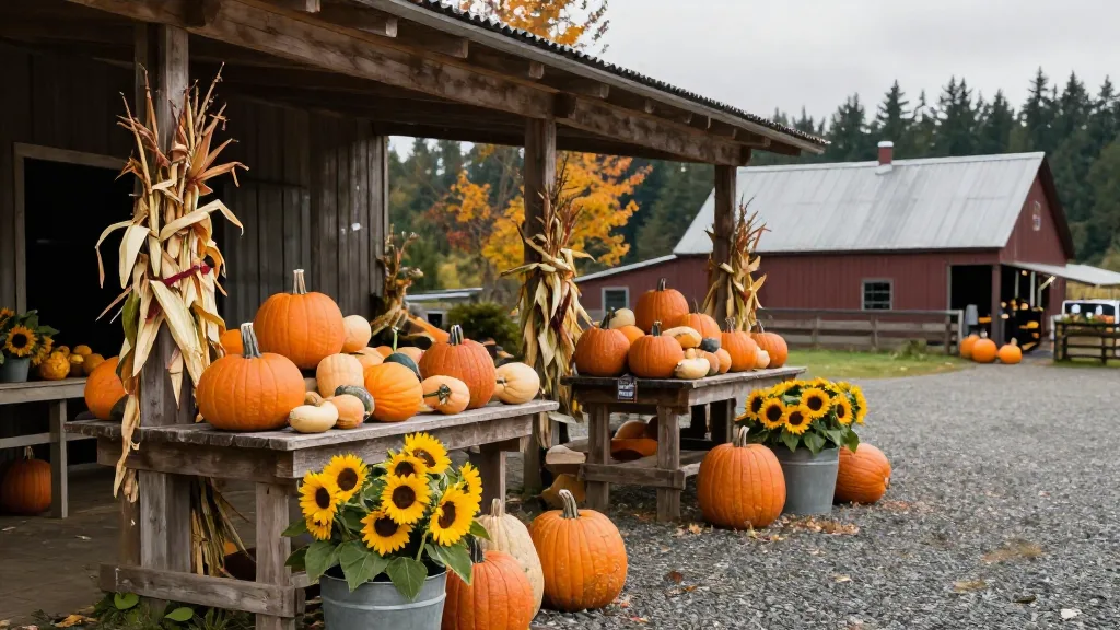 Rustic farm stand with pumpkins, sunflowers and wooden crates