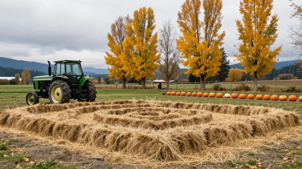Hay bale maze and tractor on a farm with autumn trees behind